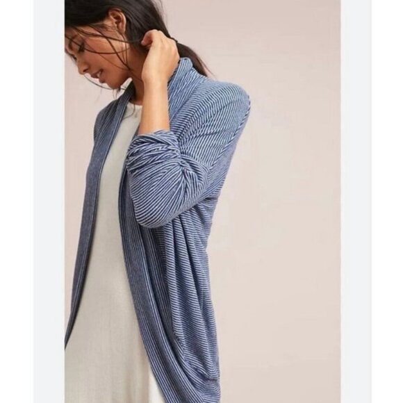 Anthropologie Sundry Brushed Fleece Cocoon Cardigan Blue White Stripe Size 1 - Picture 2 of 8